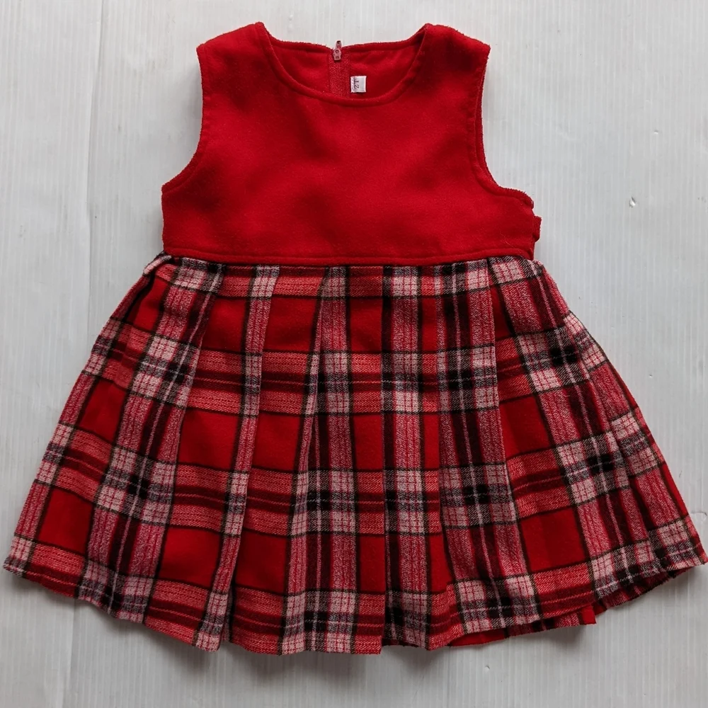 VINTAGE toddler girls red Christmas plaid pleated overall pinafore dress